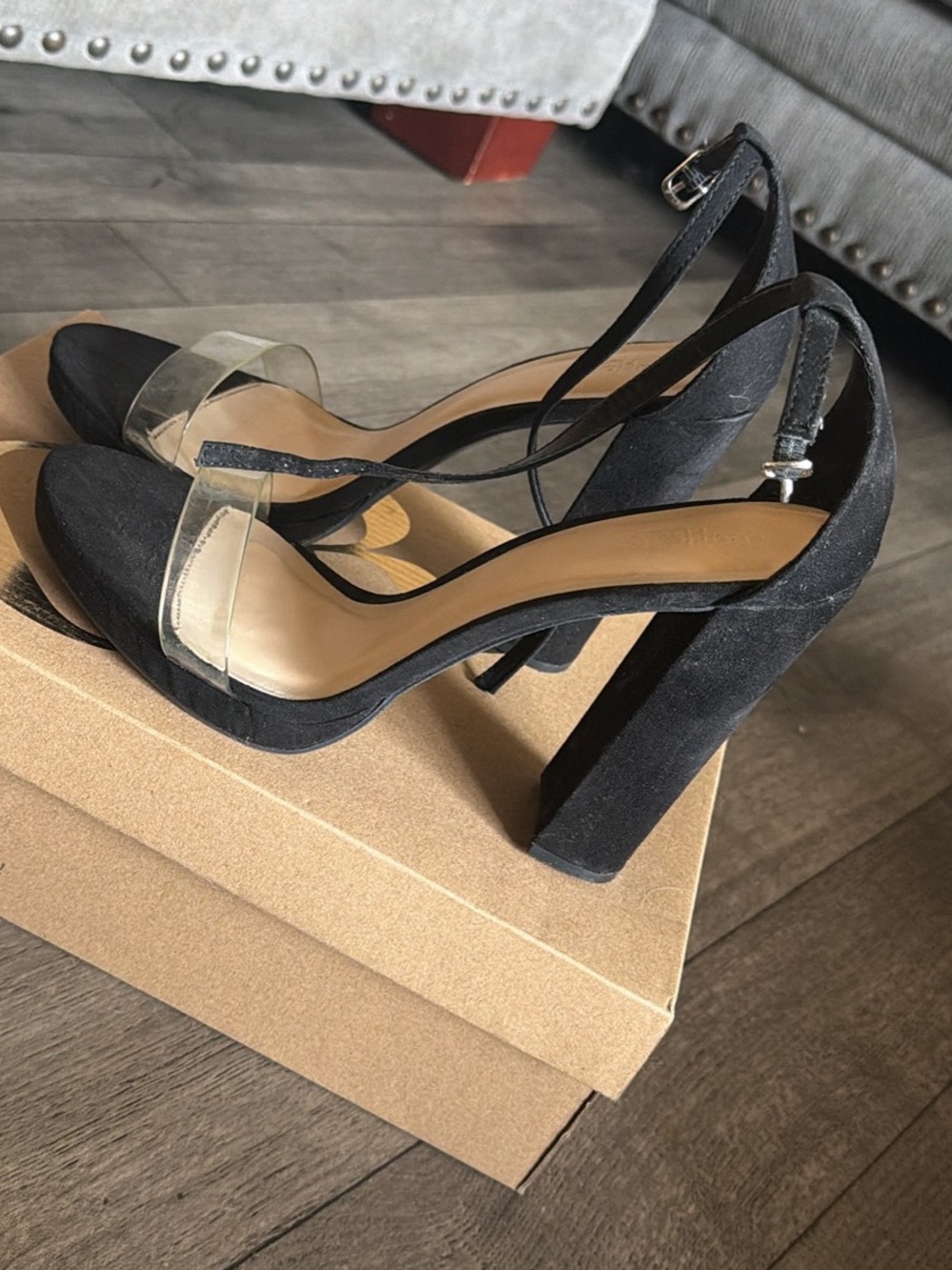 Black Suede High Block Heel Sandals with Clear Strap